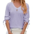 thumbnail image 2 of AXXD Purple Basic Shirts for Women Trendy 2024 Lace Summer Solid V-neck Bubble Short Sleeve Solid T-shirt Top, 2 of 4