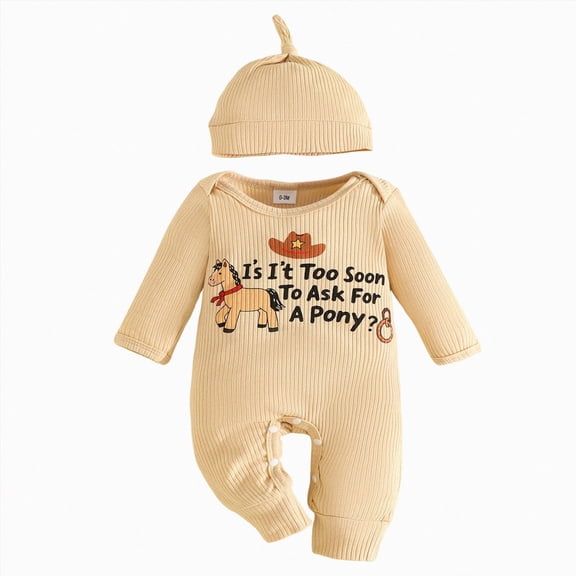 Gubotare Newborn Western Baby Boy Clothes Cowboy Outfit Pony Long Sleeve Romper Rib Knit Jumpsuit Hat Fall Going Home Outfit