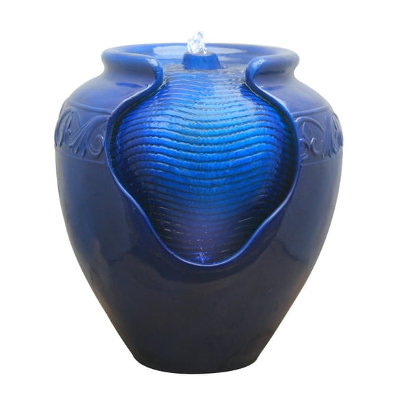 Teamson Home Water Fountain Glazed Pot Floor Standing LED Light Outdoor Feature Blue
