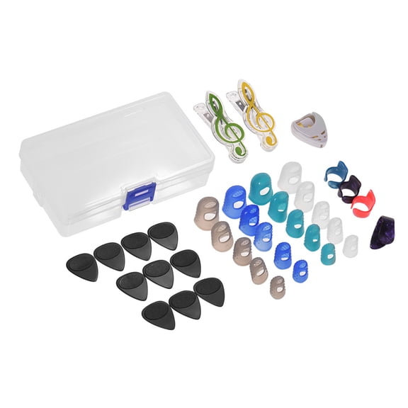 Guitar Accessories Kit Includes 20pcs Silicone Guitar Finger Protectors 10pcs Guitar Picks 4pcs Thumb & Finger Picks Pick Holder 2pcs Music Page Clips with Storage Box for Acoustic Guitar Beg