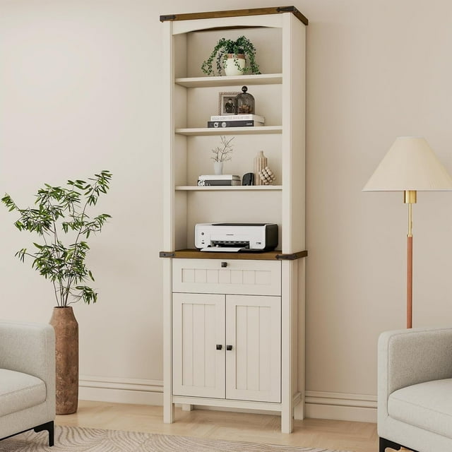 FIAKOA 71" Tall Bookcase with Storage, Farmhouse 6-Tier Cabinet with Door, Large Bookshelf Cabinet with Open Display Storage Shelf for Office Living Room (White)