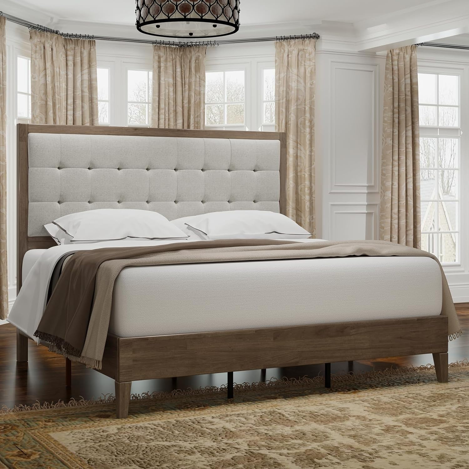 LUXOAK Queen Bed Frame, Adult Wood Platform Bed with Upholstered Headboard, Ash Gray