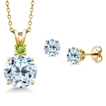 Gem Stone King 18K Yellow Gold Plated Silver Round Sky Blue Topaz and Green Peridot Pendant and Earrings Jewelry Set for Women (6.37 Cttw, Gemstone Birthstone, with 18 inch Chain)
