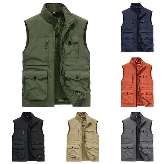 UVEASISHA Men's Lightweight Vest Mesh Lining Quick Dry Cargo Vest Outdoor Full Zip Stand Collar Hiking Waistcoat Big and Tall Sleeveless Work Vest with Pockets Army Green L