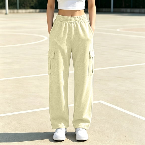 BRELIL Women's Cargo Pants Elastic Waist with Pockets Casual Loose Long Trousers Streetwear Activewear Party Outfits, Beige L