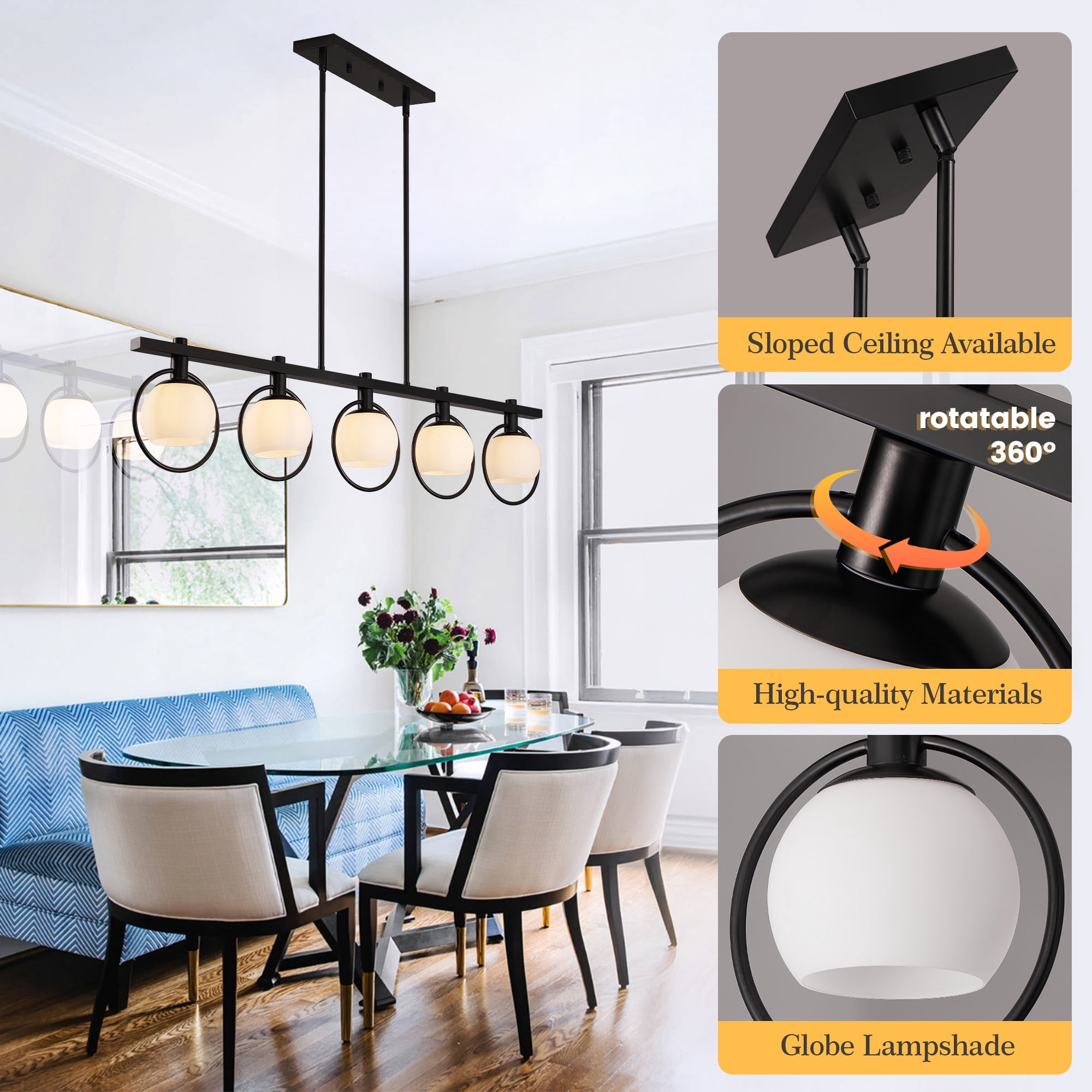 LovingAHome 5-Light Kitchen Island Pendant Light Metal Swivel Bars with Glass Shade Dining Room Light Fixture,Black
