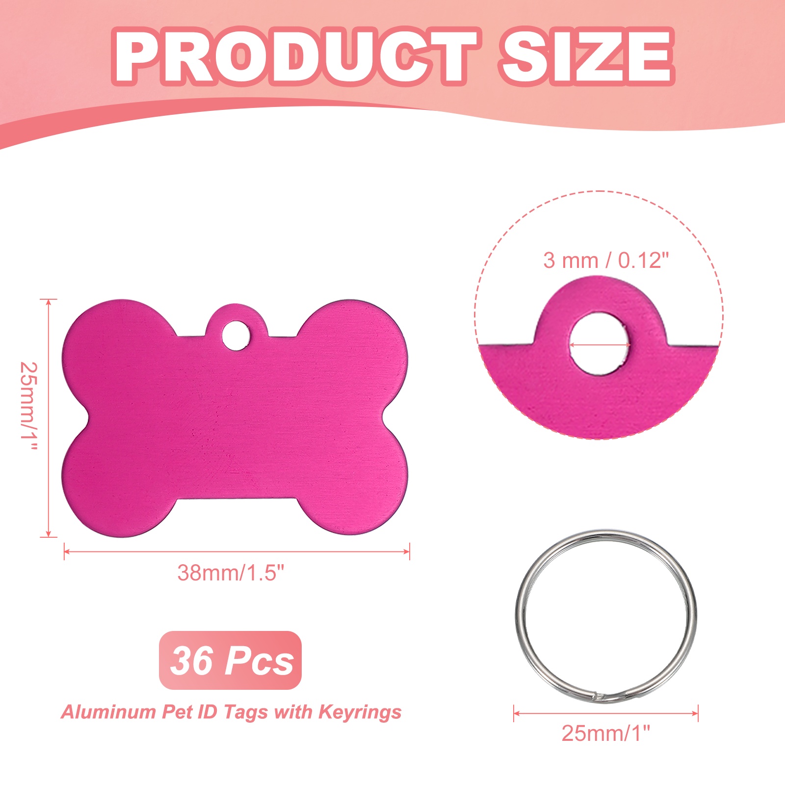 Pet ID Tags, Personalized Dog Cat Tag Aluminum Bone Shape Engraved Blank with Key Ring 38x25mm (Rose Red, 36 Pcs)