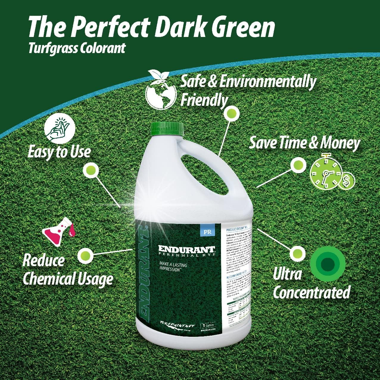 Endurant Turf Colorants - Perennial Rye Spray Green Grass Paint For Lawns - Revives Dry, Patchy Yards - Light Grass Hue - Easy To Use, Concentrated Turf Grass Dye - Covers Approx 10,000 Sq Ft - 1 Gal