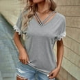 thumbnail image 3 of Olyvenn Criss Cross V Neck Tops for Women Lace Patchwork Short Sleeve Shirt Solid Color T Shirts Plus Size Loose Fit Blouse Gray XXXL, 3 of 7