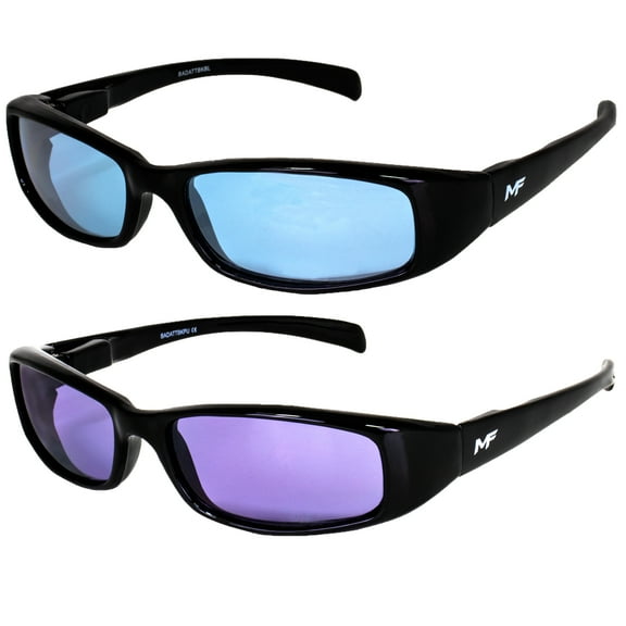 2 Pairs of MF Eyewear Bad Attitude Cool Wraparound Motorcycle Sunglasses Black Frames with Blue & Purple Lenses