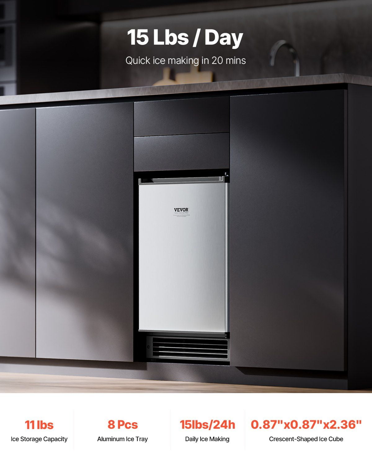 Built-in Undercounter Ice Maker, 15 Pounds Daily Output, Features Reversible Door for Easy Installation