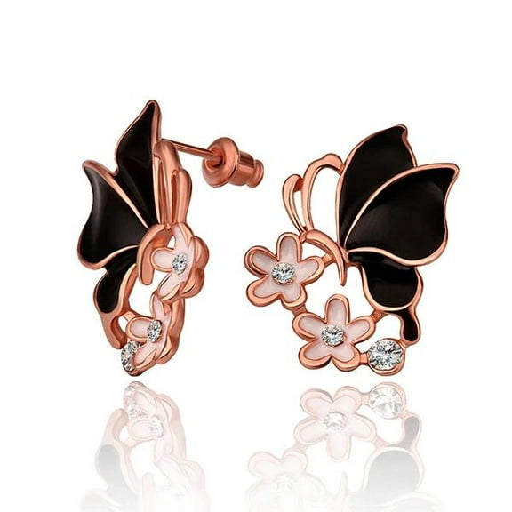 Rose Gold Platinum Plated Black Earrings Zircon Push Back Butterfly .68" L303