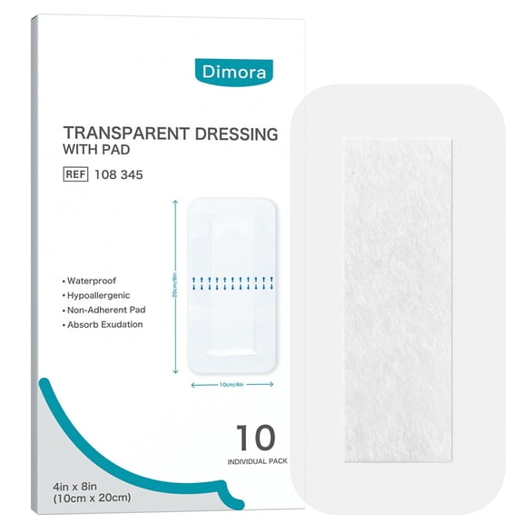 Dimora Transparent Film Dressing 4" x 8",  Waterproof Wound Dressing, Clear Bandage Tape for Wound Care, 10 Count