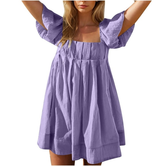 qucoqpe Womens Summer Beach Mini Dress Square Neck Short Sleeve Front Pleated Sun Dress Casual Loose T-shirts Dress