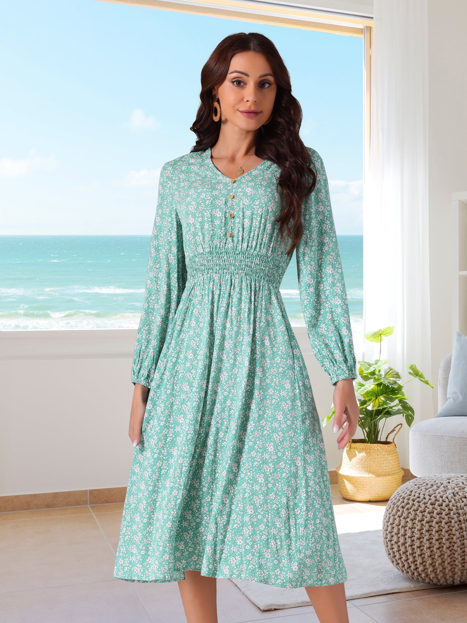 DARING DIVA Fall Long Sleeve Midi Floral Boho Dress S Green