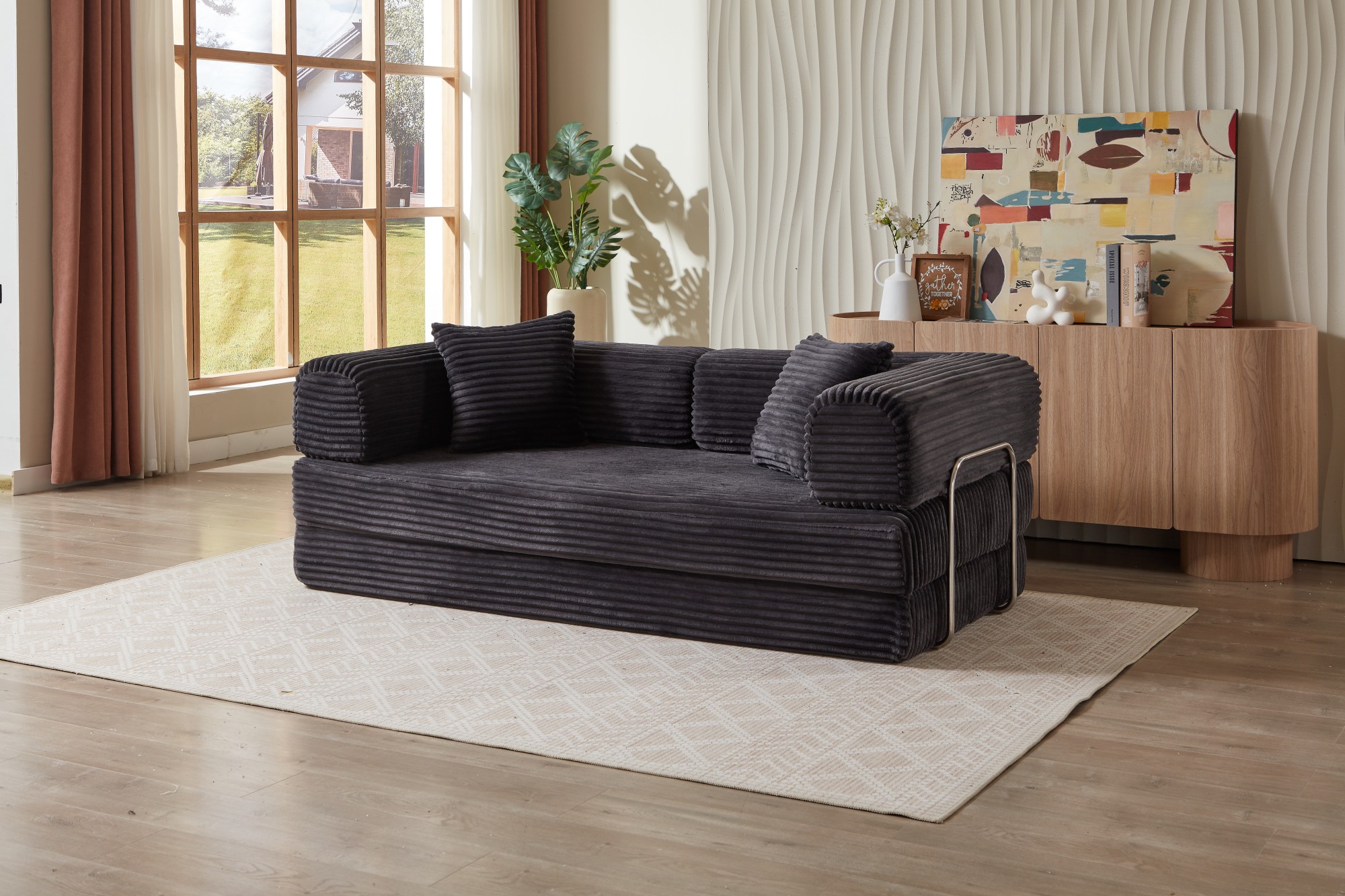 Gewnee Dark Gray 2-in-1 Convertible Corduroy Sofa Bed with High-Density Sponge No Assembly for Apartment Dorm Office