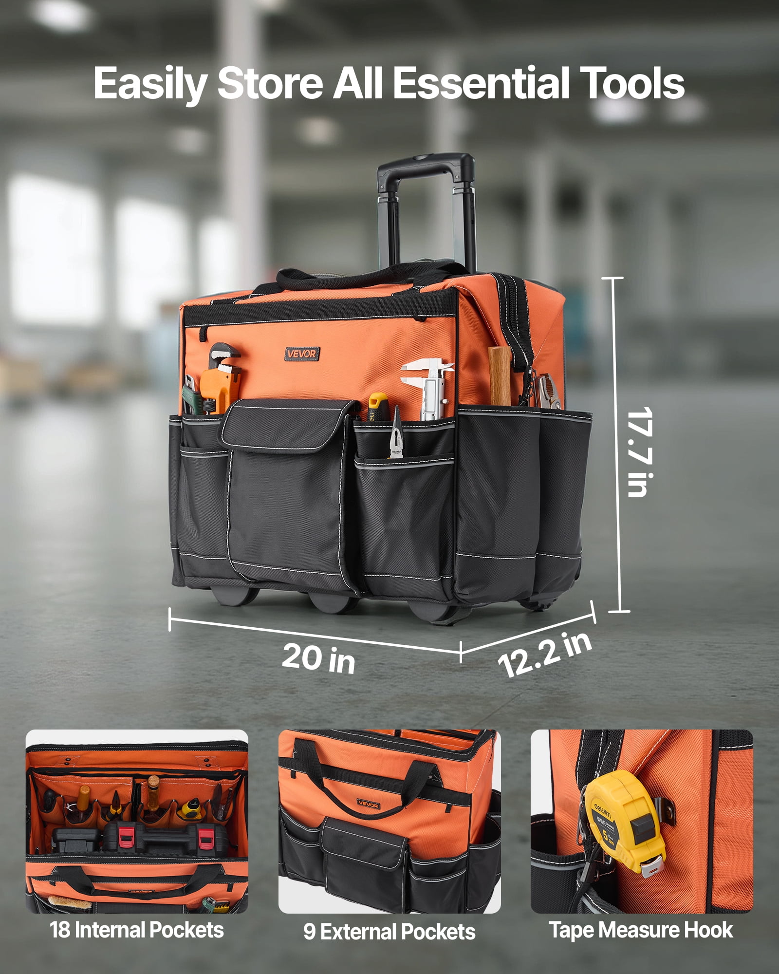 VEVOR Rolling Tool Bag, 110 lbs Load Capacity, 27 Pockets Heavy Duty Roller Tool Bag on Wheels, Adjustable Telescoping Handle & Stable Base, Toolbag Organizers with Wheels for Construction, Mechanic