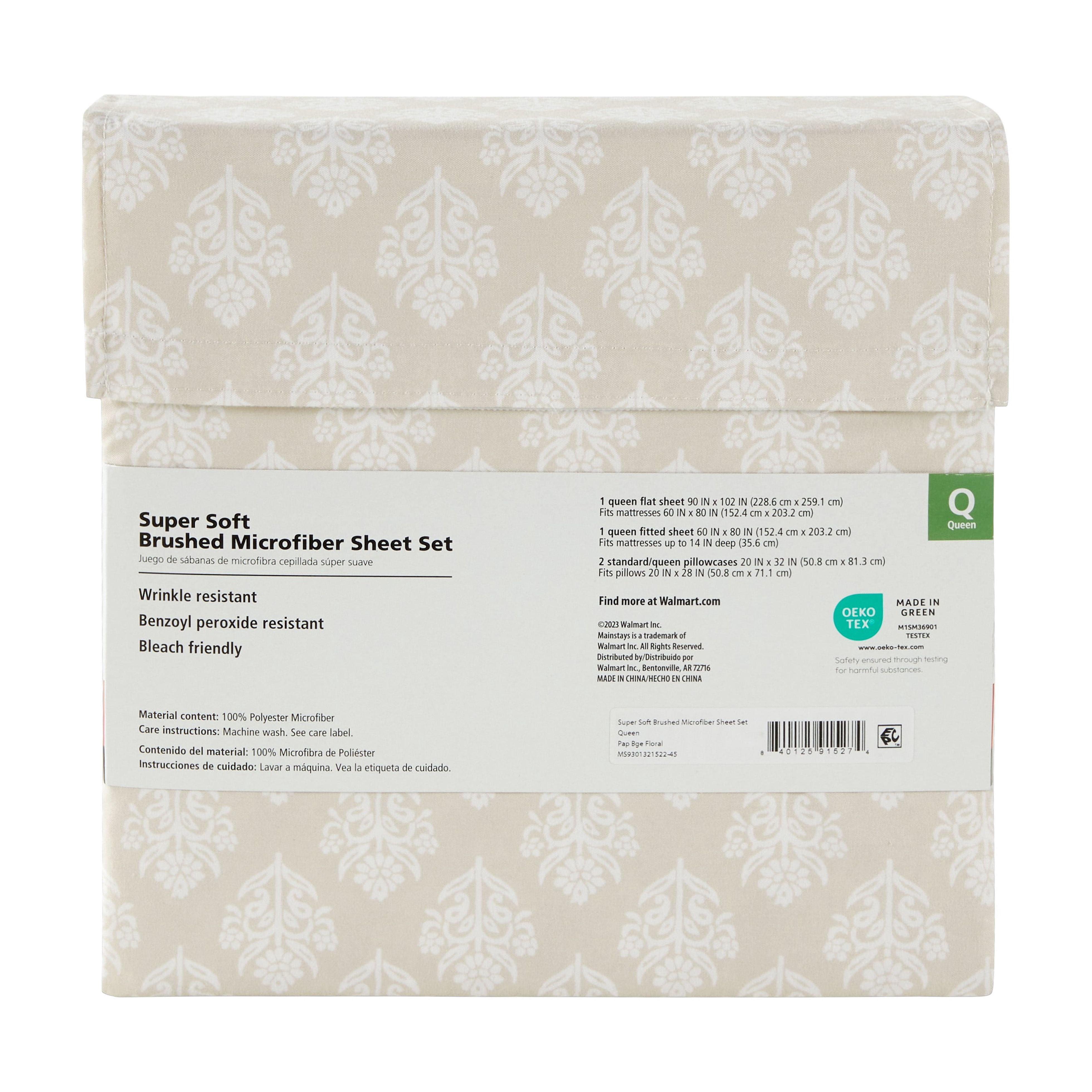 Mainstays Super Soft High Quality Brushed Microfiber Bed Sheet Set, King, Pap Beige Floral, 4 Piece
