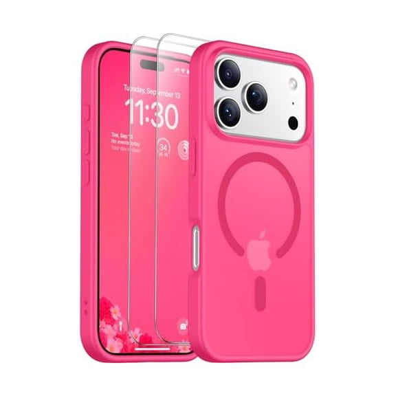 Eryueer for iPhone 17 Pro Max Case Magnetic Translucent Matte Case with 2PCS Tempered Glass Screen Protector Slim Phone Case for iPhone 17 Pro Max 6.9'' Hot Pink