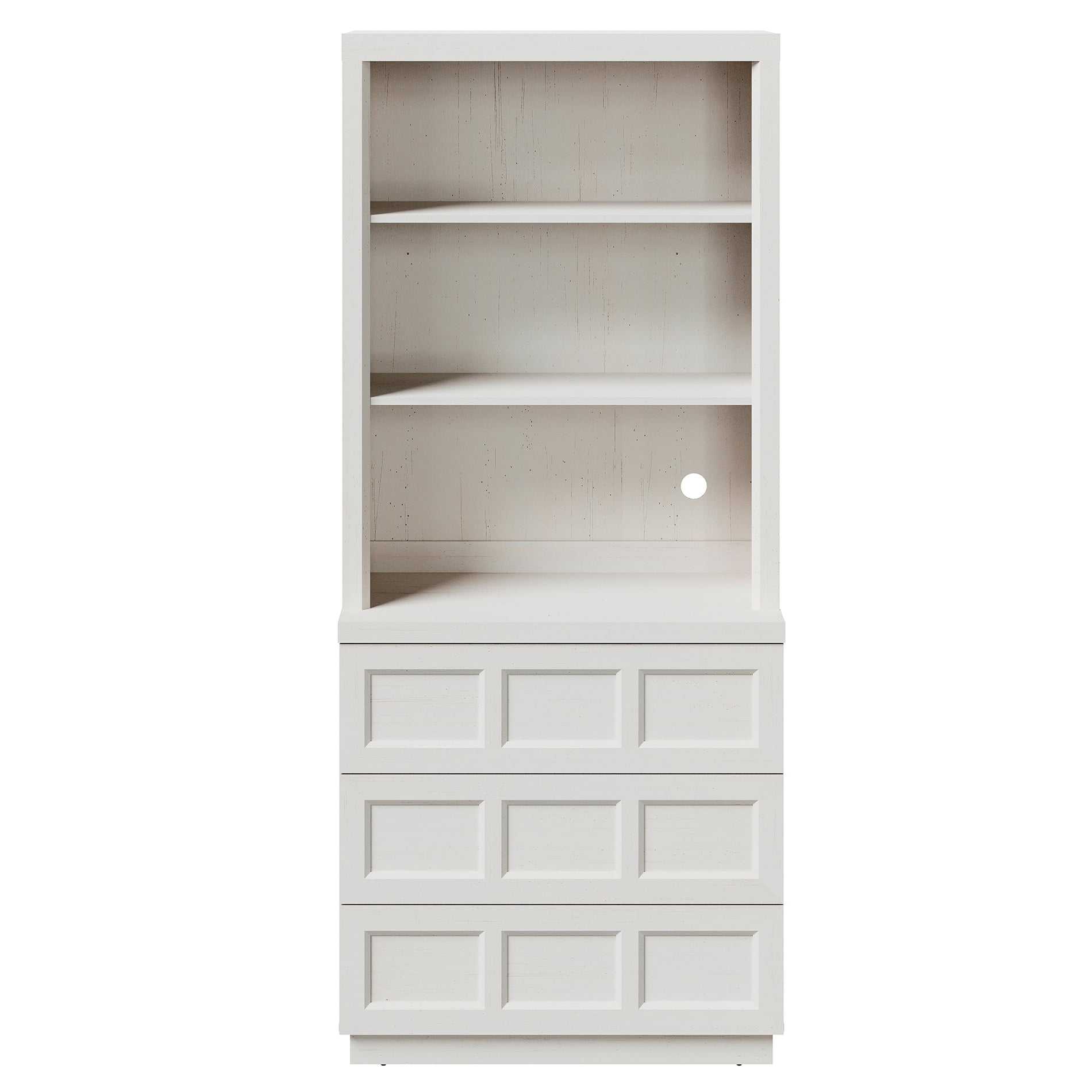 HOMOOI Wood Pantry Cabinet, Boho Freestanding Kitchen Storage Hutch with 1 Adjustable Open Shelves and 3-Large Drawers,Anti-Wobble Storage Organizer for Kitchen, Dining Room, Entryway,White