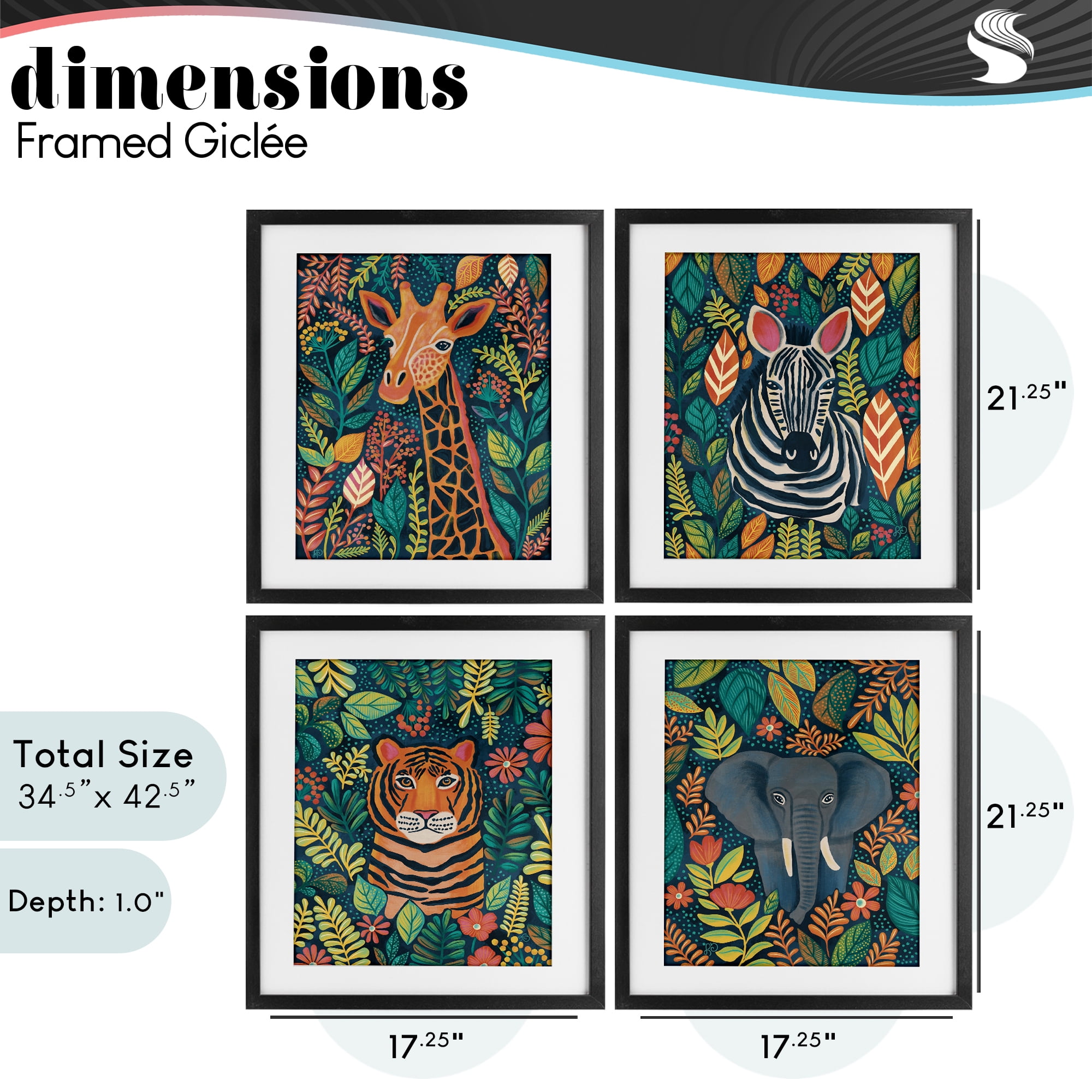 Stupell Industries Jungle Leaf Pattern Animals 4 Piece Black Framed Print Under Glass Set, design by Lisa R Dumm