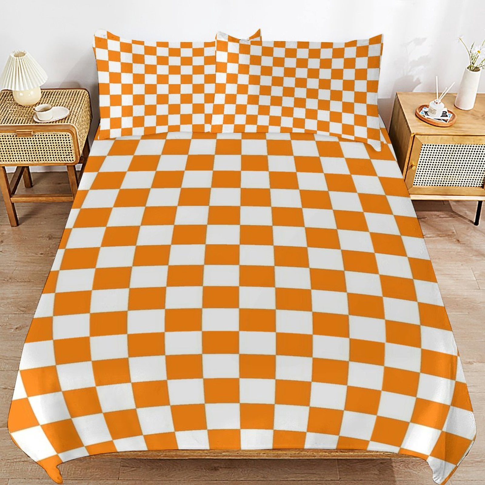 3 Pcs Soft Bedding Set, Includes 1 Duvet Cover with Zipper And 2 Pillow Shams,Orange And White Check Queen(90"×90")