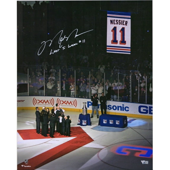 Mark Messier New York Rangers Autographed 16" x 20" Jersey Retirement Night Banner Raising Photograph with "Last to Wear #11" Inscription - Fanatics Authentic Certified
