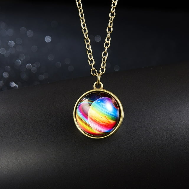 Glow In The Dark Planet Galaxy Pendant Necklace with Double Dome Glass System for Night Sky Viewing