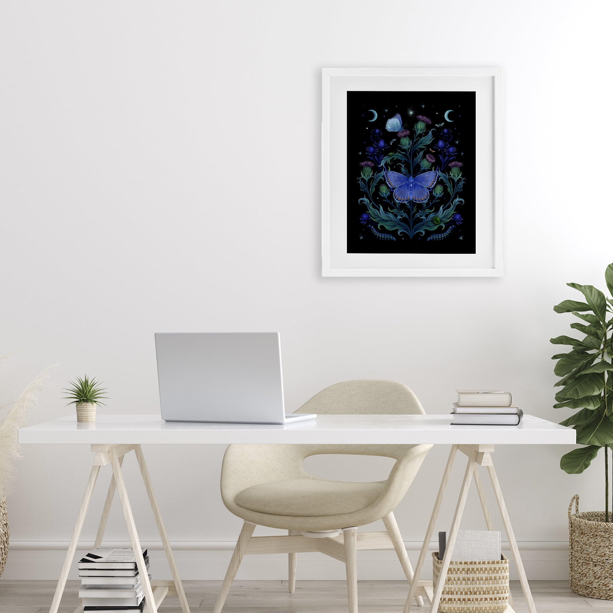 Stupell Industries Thistles & Insects at Night White Framed Print Under Glass, design by Episodic Drawings
