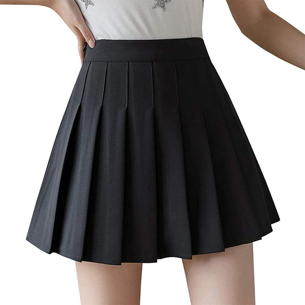 Women High Waisted Plain Pleated Skirt Skater Tennis School Uniforms A line Mini Skirt Lining Shorts Black