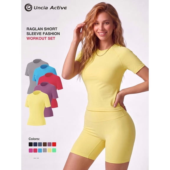 Uncia Active Women's 2-Piece Tracksuit Set - Seamless-Free Shorts, Raglan Sleeves Tee with Flat Tummy & Glute-Lifting Fit, Workout Gym Matching Sets for Outdoor Yoga