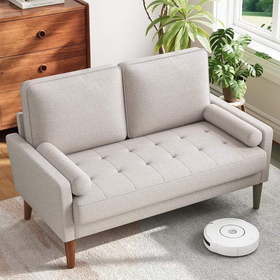 48" Loveseat Sofa, Small Couch with Solid Wood Legs | Compact Mid Century Modern Loveseat for Living Room, Bedroom, Easy Assembly, Ash Beige