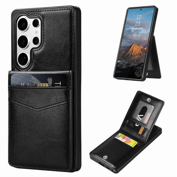 VENINGO Wallet Case for Samsung S25 Ultra with Card Holder Slots PU Leather Kickstand Magnetic Lock Lightweight Shockproof Full Body Protective Cover for Samsung S25 Ultra, Black
