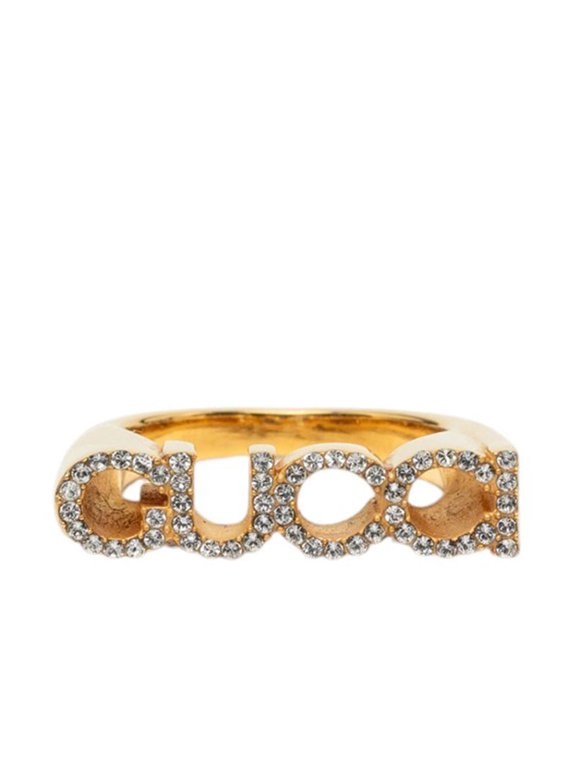 Pre-Owned Gucci Logo Ring, Size S, Gold Plated, Rhinestone, Women's, GUCCI