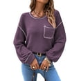 thumbnail image 3 of DYMADE Women Solid Crew Neck Pocket Casual Loose T-shirt Long Sleeve Top, 3 of 4