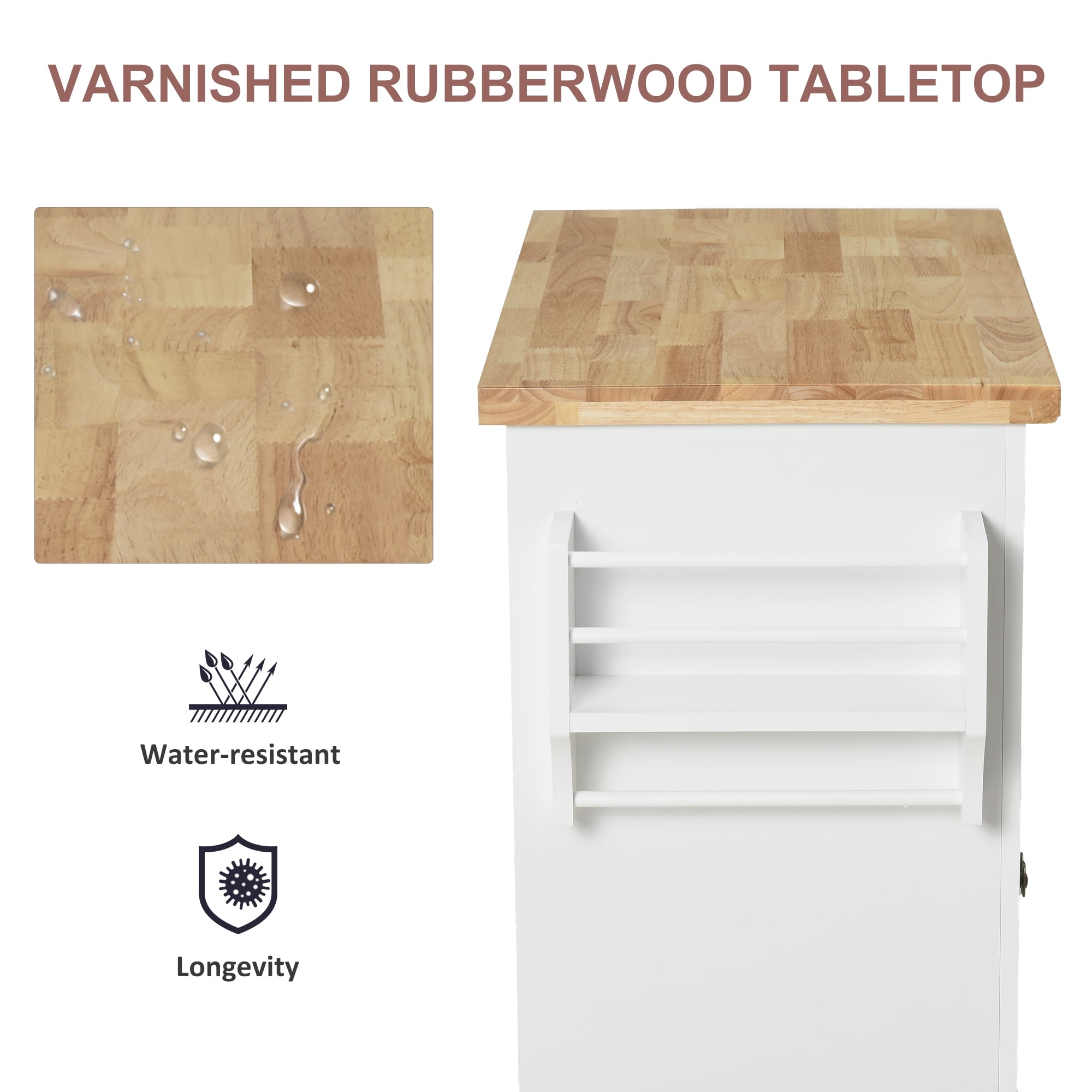 Kitchen Islands HOMCOM Kitchen Island on Wheels, Rolling Cart with Rubberwood Top, Spice Rack, Towel Rack and Drawers for Dining Room, White,Wooden Kitchen Islands