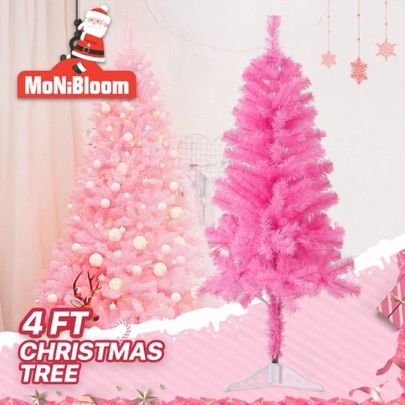 4Ft Artificial Christmas Tree Pink Pvc Leave Metal Stand Xmas Holiday Home Décor