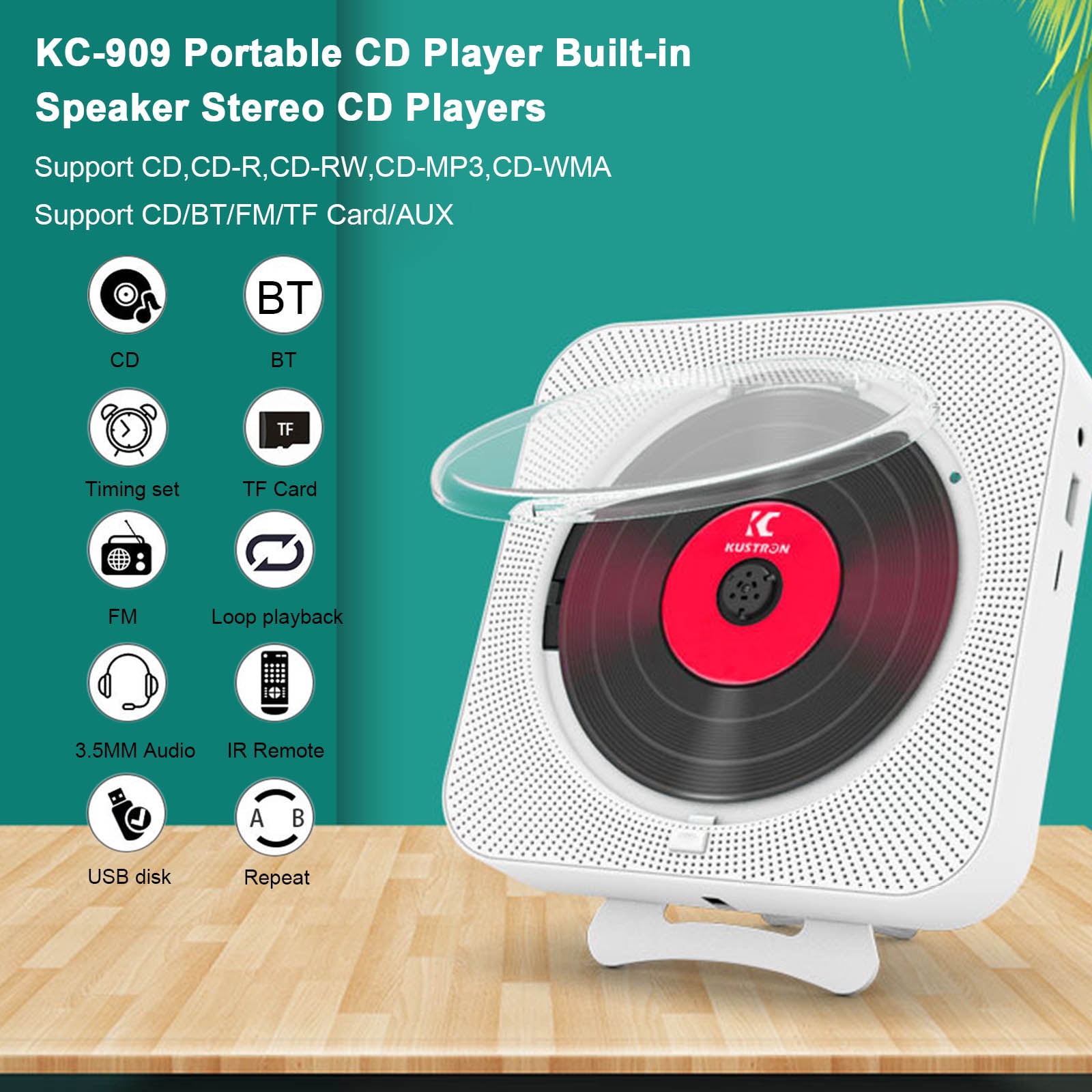 Music Portable CD Player Built In Speaker Stereo CD Players LED Screen Wall Mountable CD Music Player With IR Remote Control Supports CD/BT/FM/TF Card/AUX