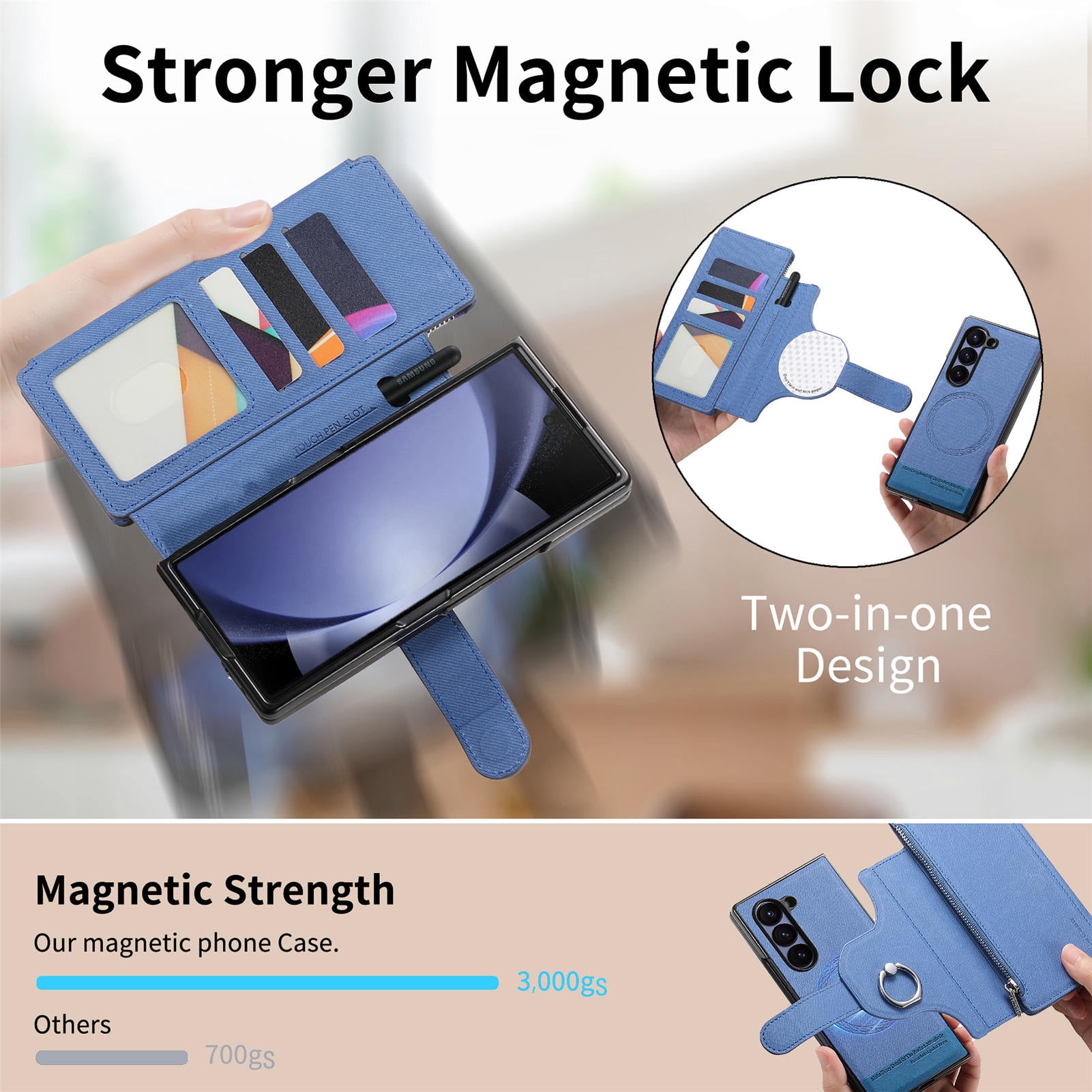 For Samsung Galaxy Z Fold 6 Phone Case,2-in-1 Magnetic Detachable Flip,Flip Folding Kickstand,With Card Slots,Zipper Pocket,Ring Holder,Fit Wireless charging,Shockproof Phone Case,Blue