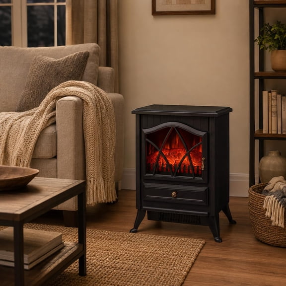 Freestanding Electric Fireplace Heater, 1500W Portable Stove-Style Space Heater with Realistic LED Flame, 750W/1500W Heat, Thermostat, Black