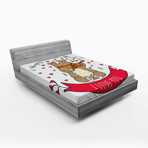 Ambesonne Valentines Day Fitted Sheet, Bear and Violin, Queen Size, Red Brown