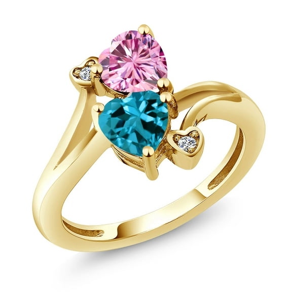 Gem Stone King 18K Yellow Gold Plated Silver Pink Moissanite London Blue Topaz and White Moissanite Ring for Women (1.78 Cttw, Heart Shape 6MM, Gemstone Birthstone, Size 5)