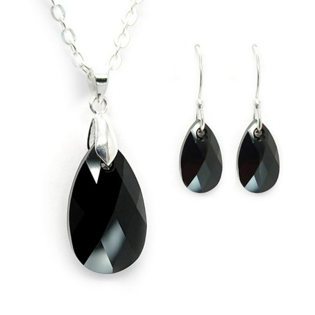 Juego de aretes y cadena ZVEZDA plata mexicana ley .925 negro