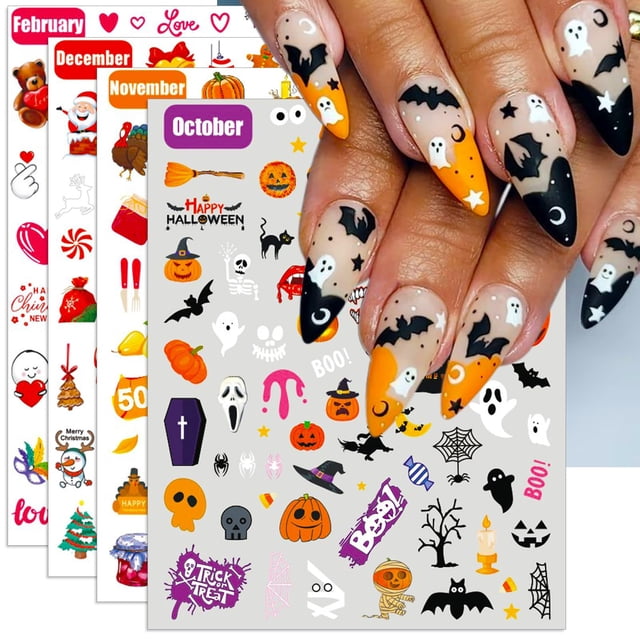Pegatinas para uñas IDDFEVE, paquete navideño de 12 meses, 24 hojas