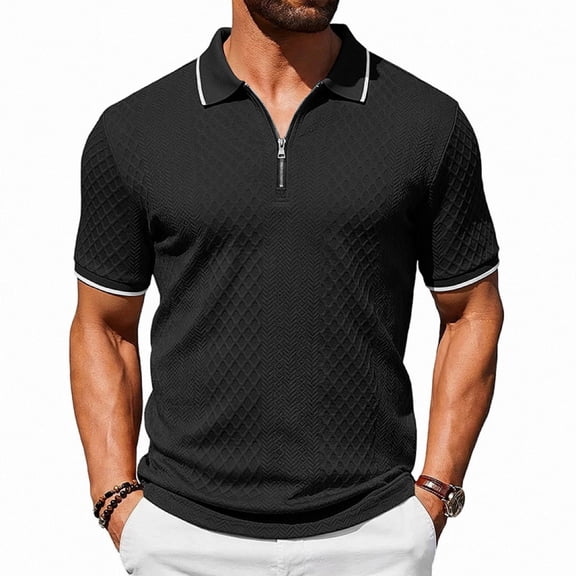 Men'S Textured Knit Half Zip Collared Short Sleeve Polo Shirt Retro Casual Tops For Summer Daily Wear And Golf Sports,Black,XXXL