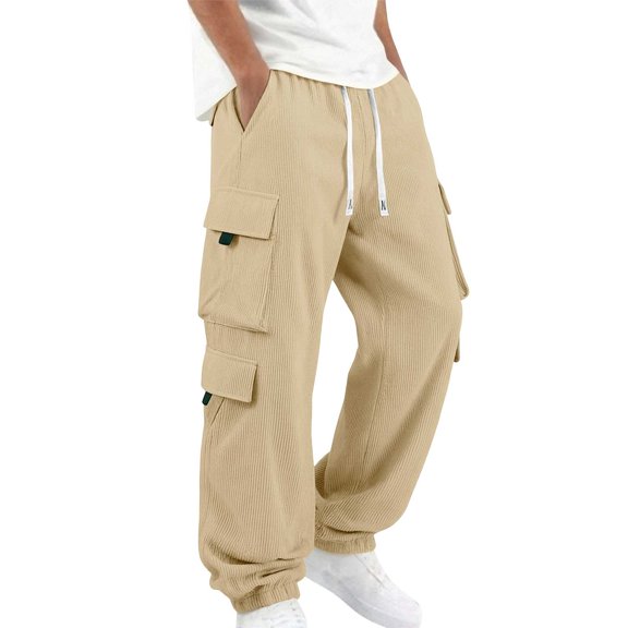 Jaunzuar Joggers for Men Corduroy Solid Color Cargo Pants Outdoor Warm Hiking Pants with Pockets L