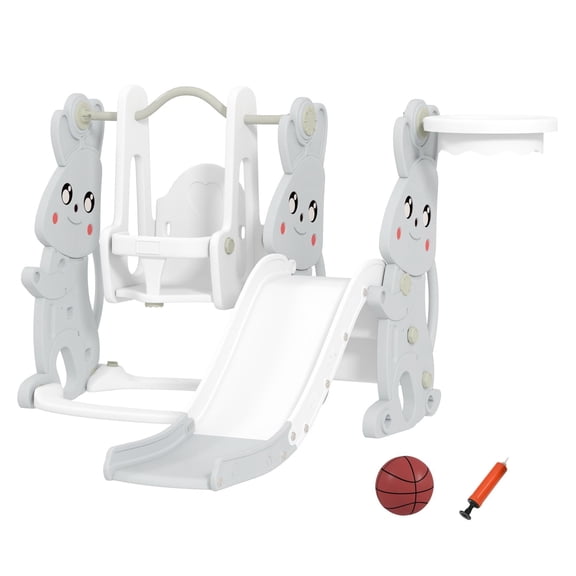 4 in 1 Toddler Slide and Set with Climber, Basketball Hoop, Rabbit Themed Kids Playset for Ages 1.5-4, Gray