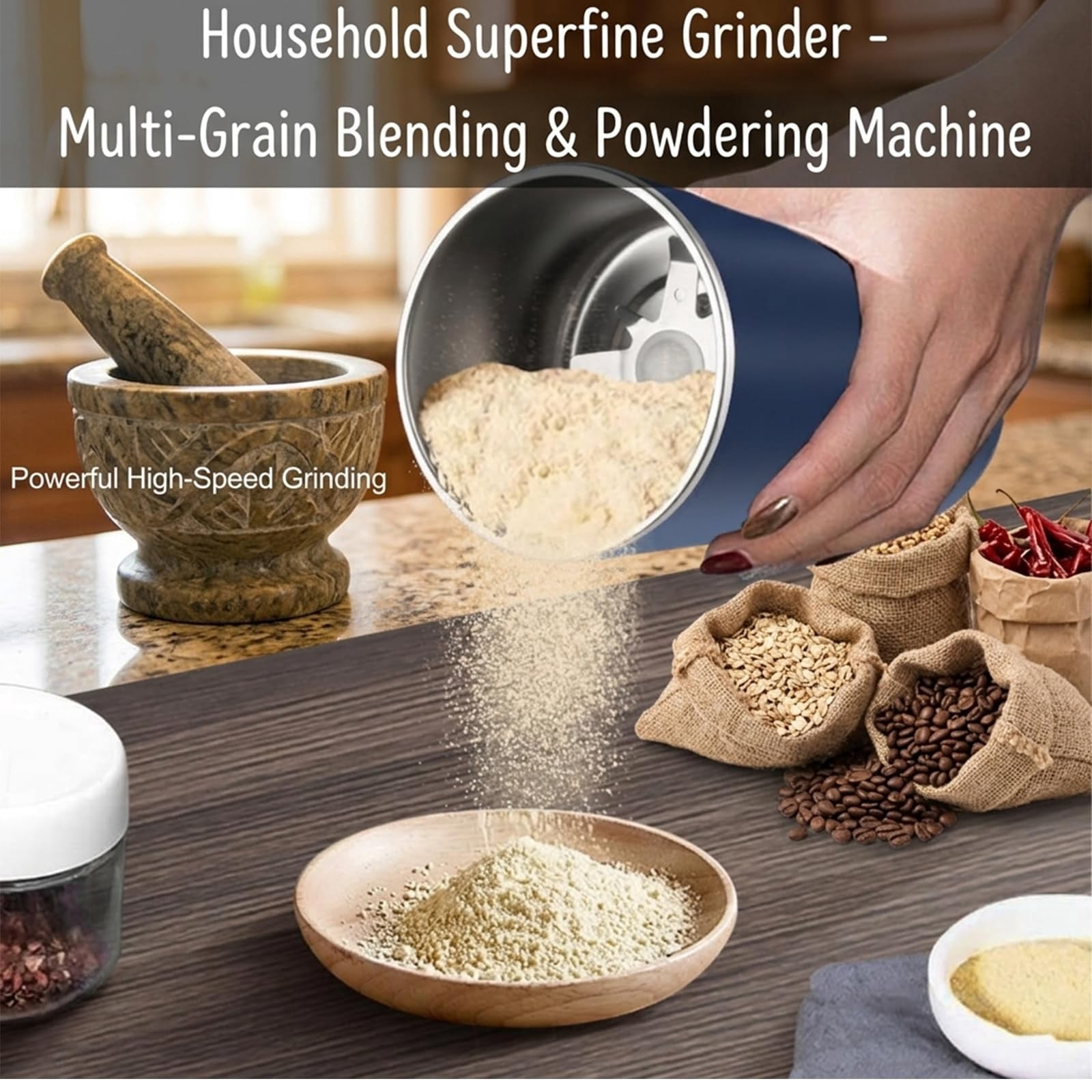Household Superfine Grinder - Multi-Grain Blending & Powdering Machine, Stainless Steel Blade One Touch Grinding Design, Electric Spice Grinder for Coffee Beans Herbs Nuts Seeds Pepper Grain