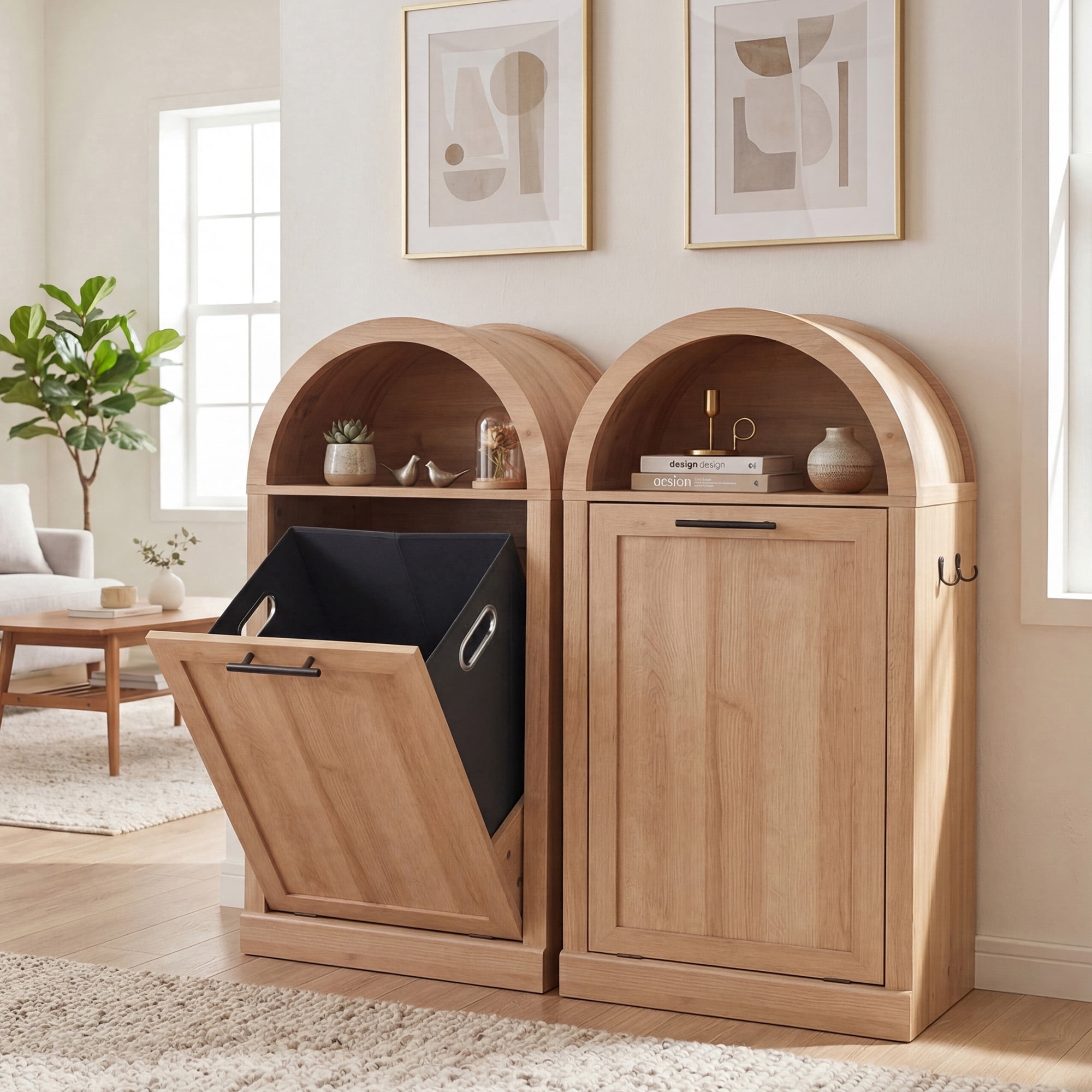 YDN Tilt Out Home Trash Cabinet with Arched Design - Wooden Laundry Hamper W/ Metal Handle & Hooks, 10 Gal Hidden Garbage Can Cabinets Trash Can Storage Organizer for Kitchen, Living Room,Nature