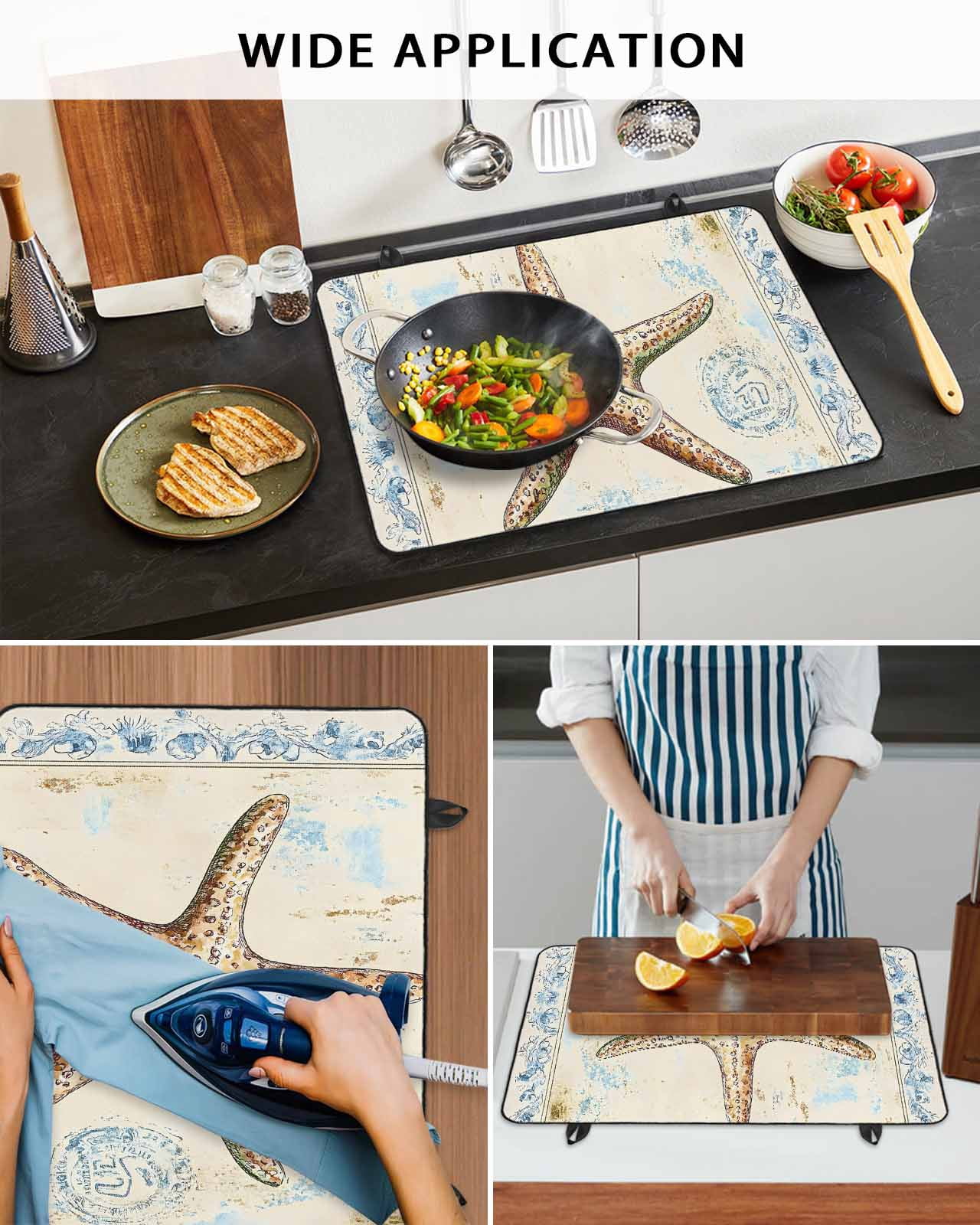 nqOlkjepod Large Induction Cooktop Protector Mat 24"x21", Coastal Beach Starfish Stove Top Covers for Electric Stove, Summer Vintage Watercolor Wave Stove Burner Cover Mats, Glass Top Stove Cover